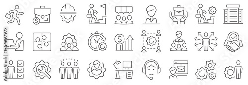 Work icon set. Business teamwork. Job, career, employment, meeting, organisation, teamwork, team building, work group, human resources and more. Vector illustration.