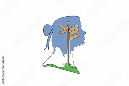 Single continuous line drawing the head of woman has lightbulb in the middle of her head. Confused by the many choices. Looking for clues, Inside the Head of Woman. One line design vector illustration