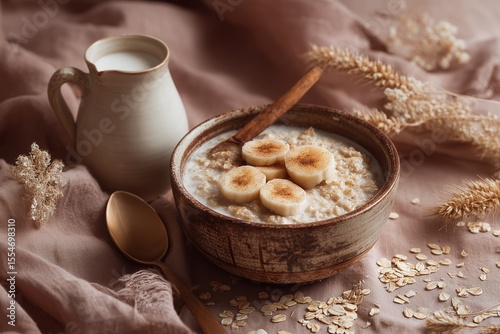 Wholesome Breakfast Flatlay with Oatmeal Banana Chia Seeds and Natural Light