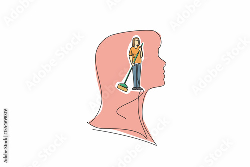 Continuous one line drawing head of woman in the middle of head is woman sweeping. Want to have an amnesia. Take the burden off. Inside the Head of Woman. Single line draw design vector illustration