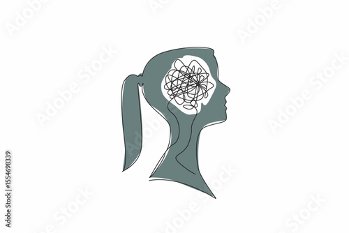 Single one line drawing the head of woman with a tangled wire in the middle of her head. Stress. Tired. Too many problems. Chaos. Inside the Head of Woman. Continuous line design graphic illustration