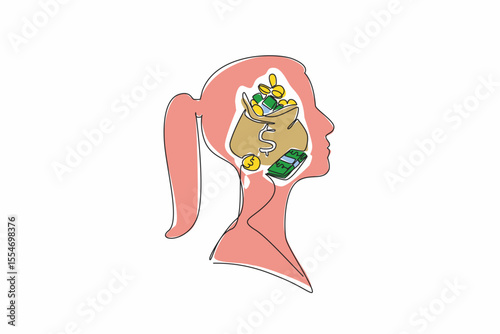 Continuous one line drawing the head of a woman with an open money bag in the middle of her head. Thinking of a windfall. Rich. Inside the Head of Woman. Single line draw design vector illustration