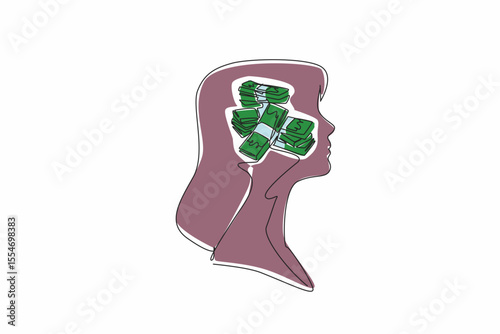 Single continuous line drawing the head of a woman with a pile of banknotes in the middle of her head. Consideration, spent or invested. Inside the Head of Woman. One line design vector illustration
