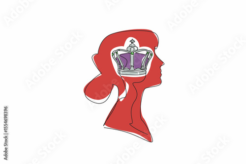 Single one line drawing the head of a young woman with a royal crown in the middle of her head. Get the title of honorary queen. Inside the Head of Woman. Continuous line design graphic illustration