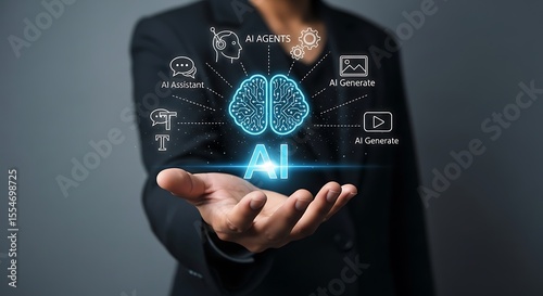 Person in black blazer presenting glowing blue A I brain concept with A I agents A I assistant A I generate text