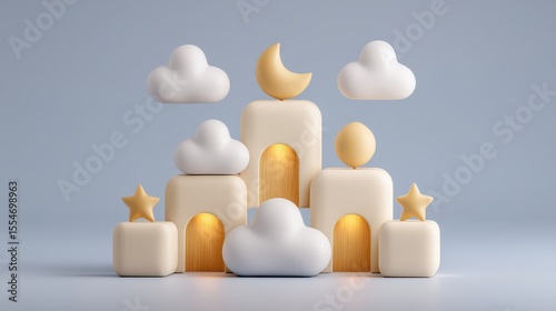Creative partnership recognition building objectives through playful cloud-like structures in soft pastel environment