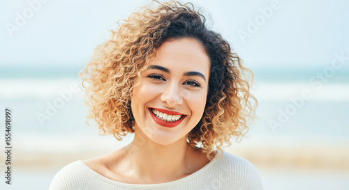 Smiling woman with curly hair wearing a light sweater stands by the beach, showcasing a joyful expression against a serene ocean backdrop, radiating positivity and warmth