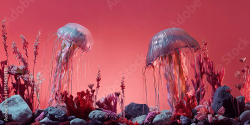Two translucent jellyfish gracefully float in a vibrant underwater scene, surrounded by colorful coral and aquatic plants, creating a mesmerizing marine atmosphere