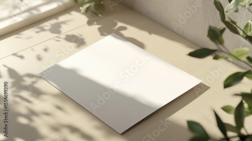Blank Paper Mockup on Beige Surface with Sunlight and Plant Shadows: Minimalist Aesthetic Design