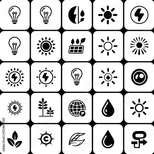 A collection of black and white energy related icons including lightning bolts suns and batteries