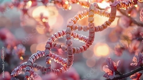 A double helix DNA structure with delicate blossoms in the background