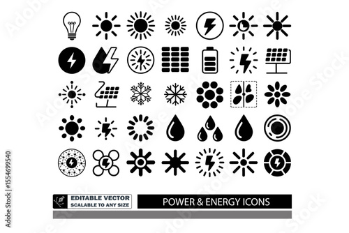 A collection of black and white energy related icons including lightning bolts suns and batteries