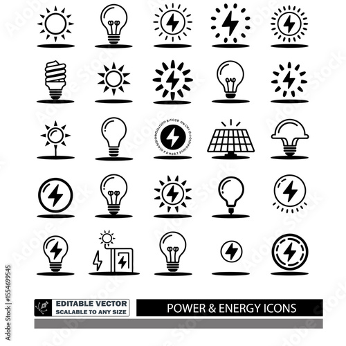 A collection of black and white energy related icons including lightning bolts suns and batteries