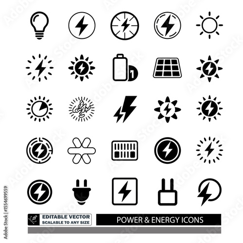 A collection of energy and weather related icons arranged in a square grid pattern on white background