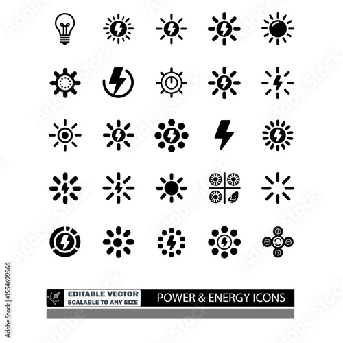 A collection of energy and weather related icons arranged in a square grid pattern on white background
