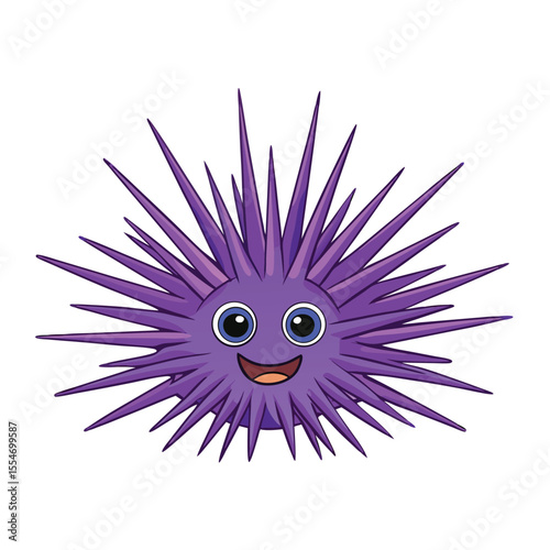 Cute purple sea urchin with big eyes and smiling mouth spiky marine