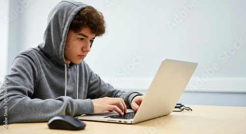 Young male student wearing a gray hoodie is focused on typing on a laptop at a wooden desk, showcasing concentration and engagement in digital learning activities