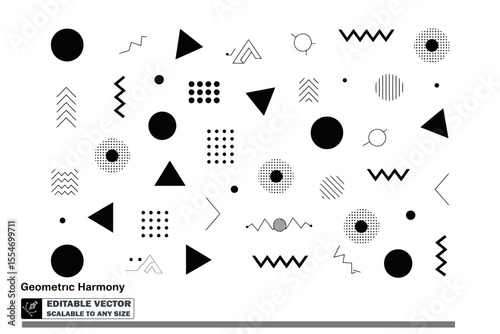 a pattern of black geometric shapes including circles stars and zig zag lines