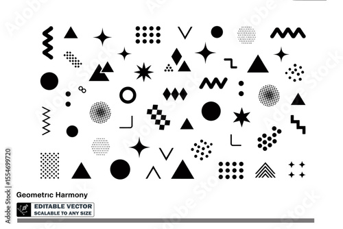 a pattern of black geometric shapes including circles stars and zig zag lines