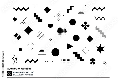 a pattern of black geometric shapes including circles stars and zig zag lines