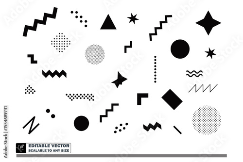 Assorted geometric shapes in black and white creating a pattern on a white background design element