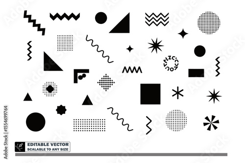 Assorted geometric shapes in black and white creating a pattern on a white background design element