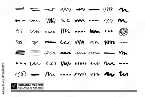 Collection of hand drawn doodle lines and dots in black ink on a white background design element