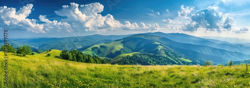 Beautiful panoramic landscape of green meadow on hillside with mountains in the background under blue sky with clouds. spring nature panorama. wide banner