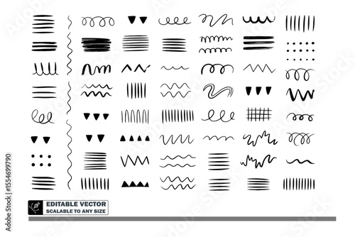 Collection of hand drawn doodle lines and dots in black ink on a white background design element