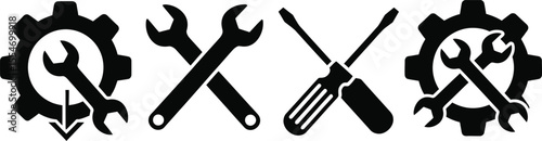 Configuration and repair are illustrated by wrench, gear, and screwdriver icons on a white background, depicting engineering.