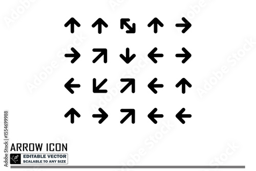 Collection of arrow icons in various directions and styles on a white background with blue panel