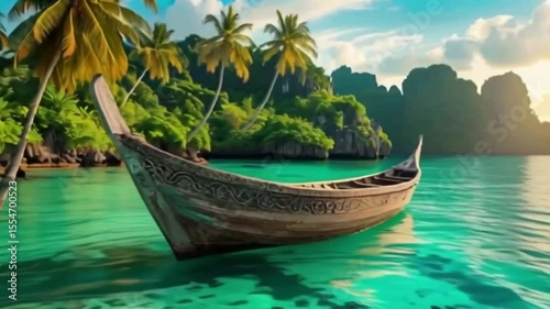 A wooden boat floats peacefully in turquoise water surrounded by lush tropical greenery and limestone cliffs
