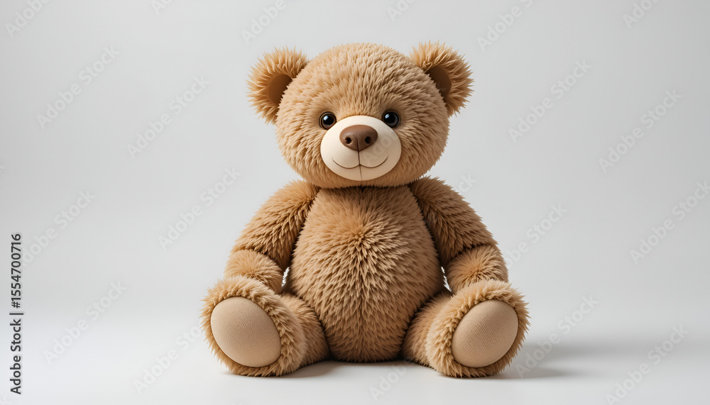 Fototapeta premium A fluffy brown teddy bear sits on a white surface, inviting warmth and comfort, perfect for childhood memories and gentle affection.