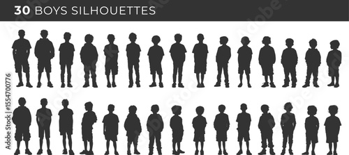 Set silhouettes of boys isolated on transparent background. Vector illustration