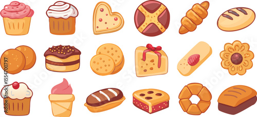 A delightful collection of assorted baked goods and sweet treats arranged icon set.