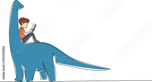 Single one line drawing young boy reading book on cute brontosaurus. Serious reading about the existence of dinosaurs. Boy Reading Book at Animal Back. Continuous line design graphic illustration