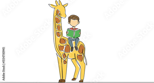 Continuous one line drawing the young boy reading book on cute giraffe. Learn about natural science directly from nature. Boy Reading Book at Animal Back. Single line draw design vector illustration