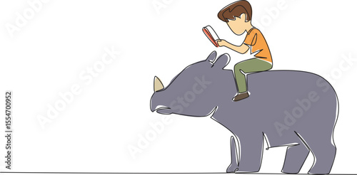 Continuous one line drawing boy reading book on cute rhinoceros. Read about one of the largest remaining megafauna. Nerd. Boy Reading Book at Animal Back. Single line draw design vector illustration