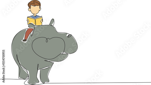 Single continuous line drawing boy reading book on cute hippopotamus. Find out what habits hippopotamus will do. Learn and observe. Boy Reading Book at Animal Back. One line design vector illustration