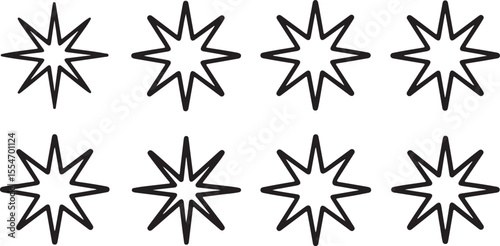 Twinkle star light icon set. Star twinkle glitter spark outline shine icon set. Hand drawn sketch doodle style. vector illustration