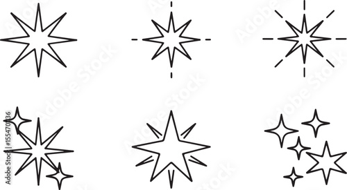 Twinkle star light icon set. Star twinkle glitter spark outline shine icon set. Hand drawn sketch doodle style. vector illustration