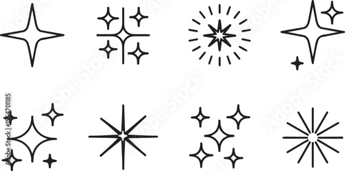 Twinkle star light icon set. Star twinkle glitter spark outline shine icon set. Hand drawn sketch doodle style. vector illustration
