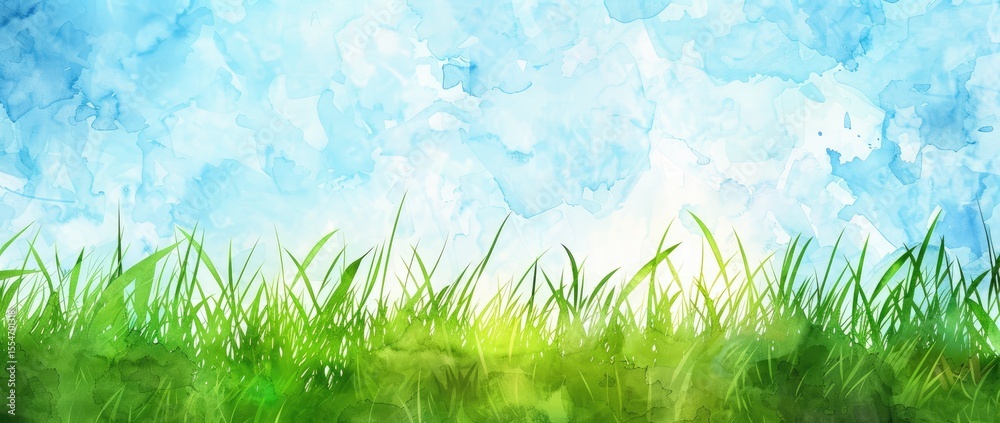 Obraz premium watercolor background, sky blue and green color, spring grass field, simple design, flat illustration