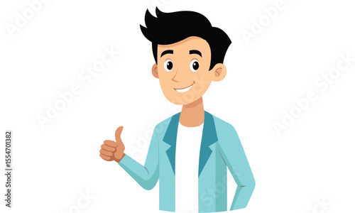A cheerful young man with black hair wearing a light blue jacket and white t shirt gives a thumbs up gesture with a friendly smile