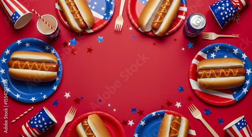 Hot Dogs with Patriotic Decorations on Red Background for Celebration
