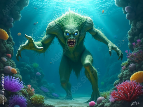 Sea Troll from Scandinavian mythology, aquatic mossy creature.
