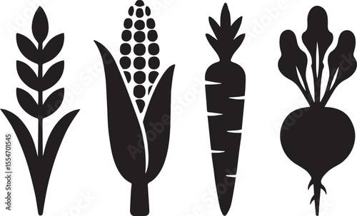 black and white crop silhouettes including wheat ears, corn stalks, and root vegetables, Harvest Crop Silhouette Vector Pack”, Farm-to-Table Crop Silhouettes, Organic Produce Vector Silhouette Set