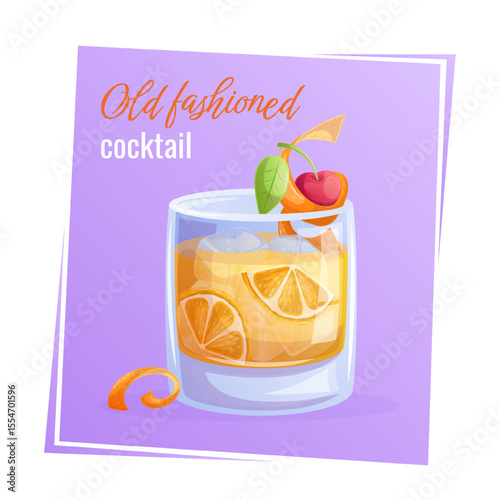 Old fashion cocktail in a glass, orange slice, cherry, ice on a purple background. The concept of a party, cocktail bar, summer. Isolated vector illustration for menu design, posters, banners, covers