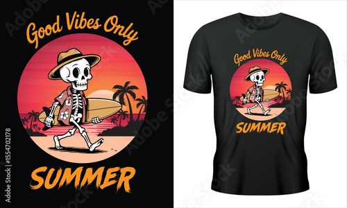 Good vibes only , vintage-inspired summer T-shirt design with a retro sunset, palm trees, and stylish typography. Ideal for beach lovers and vacation wear. vector , EPS 10