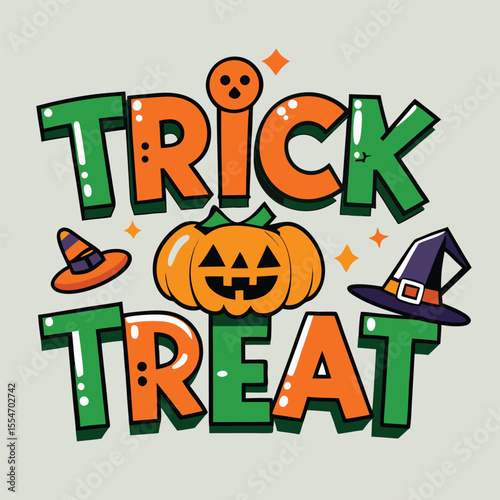 Trick Treat Halloween festive lettering with pumpkin and hats jackolantern